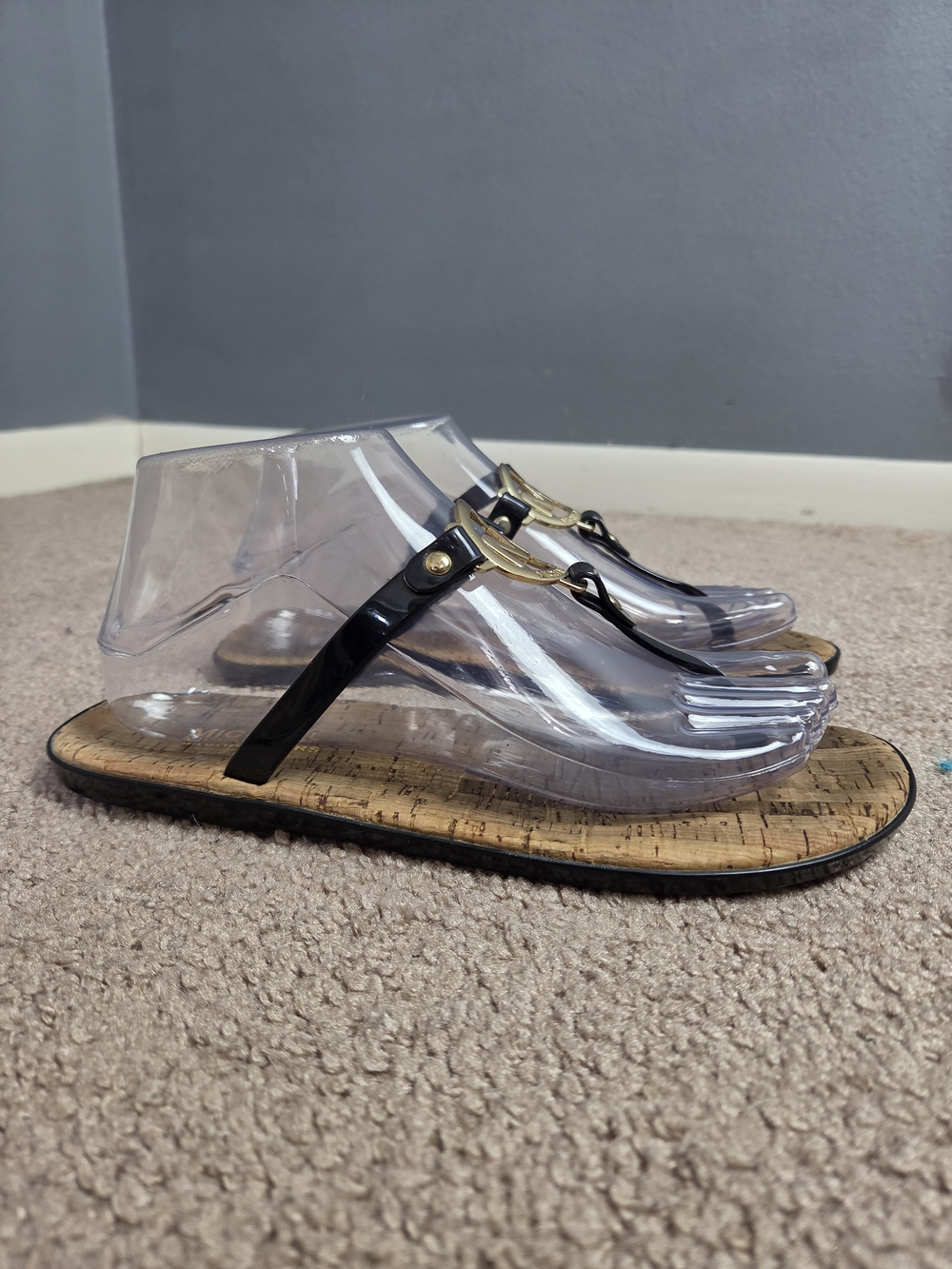 Michael Kors Black and Gold Cork-Style Thong Sandals